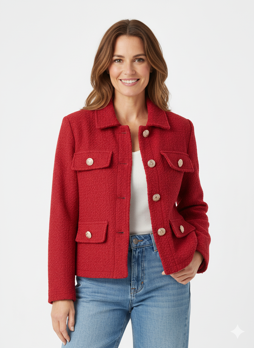 Rode dames blazer jas met gouden knopen van Mi Piace.