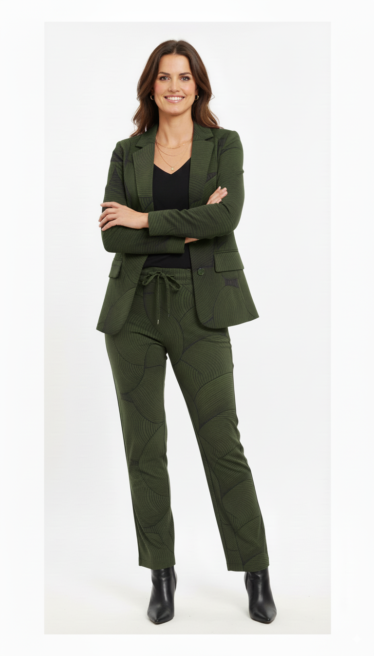 “Model draagt een Mi Piace donkergroene blazer met geometrisch patroon en knoopsluiting.”

“Stijlvolle donkergroene Mi Piace damesblazer met reverskraag en moderne print.”

“Elegante Mi Piace blazer in groen – los of als co-ord set te dragen.”

“Fashion item van Mi Piace: donkergroene blazer met geometrisch design.”

“Chique donkergroene Mi Piace blazer met lange mouwen en eigentijds patroon.”