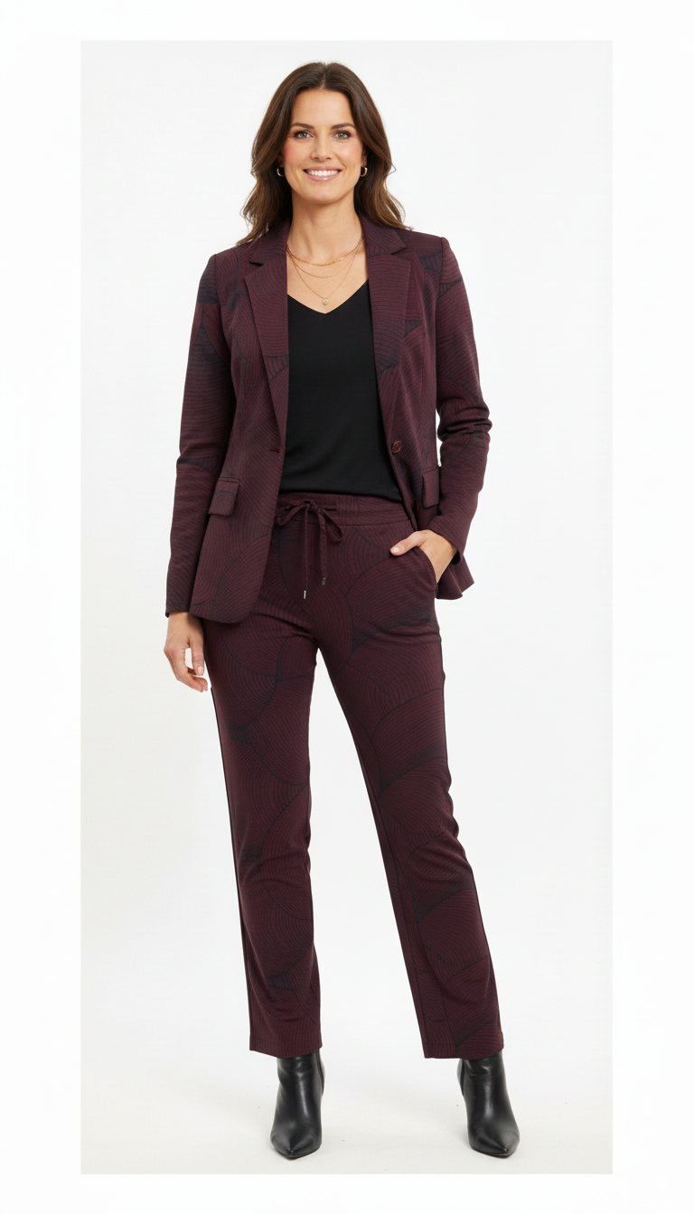 “Model draagt een Mi Piace bordeauxrode blazer met geometrisch patroon en knoopsluiting.”

“Elegante bordeauxrode Mi Piace damesblazer met reverskraag en zakken.”

“Stijlvolle Mi Piace blazer in bordeaux met modern geometrisch design.”

“Fashion item van Mi Piace: bordeauxrode blazer gecombineerd met bijpassende broek.”

“Chique Mi Piace blazer – ideaal voor zowel zakelijke als casual gelegenheden.”