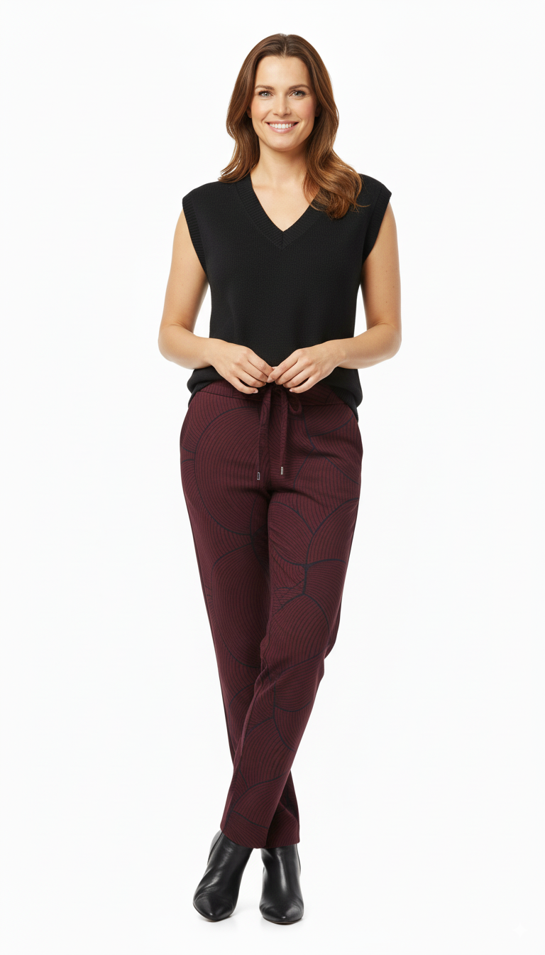 Model draagt een Mi Piace bordeauxrode broek met geometrisch patroon en strikceintuur.”

“Elegante bordeauxrode Mi Piace damesbroek met comfortabele pasvorm.”

“Stijlvolle Mi Piace broek met geometrisch design, gecombineerd met enkellaarsjes.”

“Fashion item van Mi Piace: bordeauxrode broek met elastische tailleband.”

“Trendy Mi Piace damesbroek met geometrisch patroon, ideaal voor casual-chic outfits.”