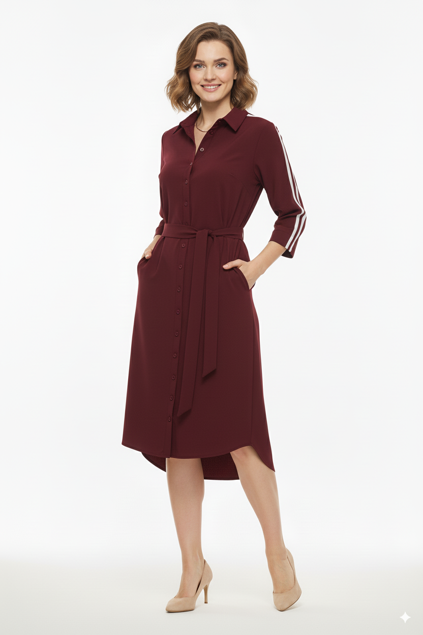 Mi Piace bordeaux rode overhemdjurk dames met tailleband

Elegante overhemdjurk met sportieve strepen – Mi Piace

Mi Piace damesjurk rood met knoopsluiting en ceintuur