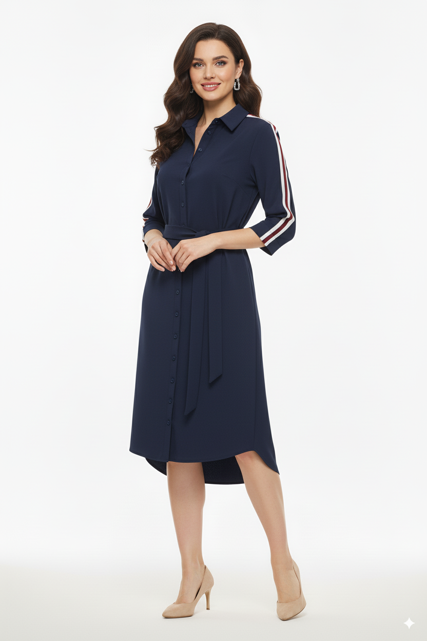 Model draagt een Mi Piace navy overhemdjurk met ceintuur en sportieve strepen op de mouwen.”

“Elegante donkerblauwe Mi Piace jurk met knoopsluiting en 3/4 mouwen.”

“Stijlvolle Mi Piace overhemdjurk in navy blauw met sportieve details.”

“Mi Piace damesjurk: overhemdstijl met ceintuur en contrasterende strepen.”

“Moderne navy Mi Piace jurk – elegant en sportief in één design.”