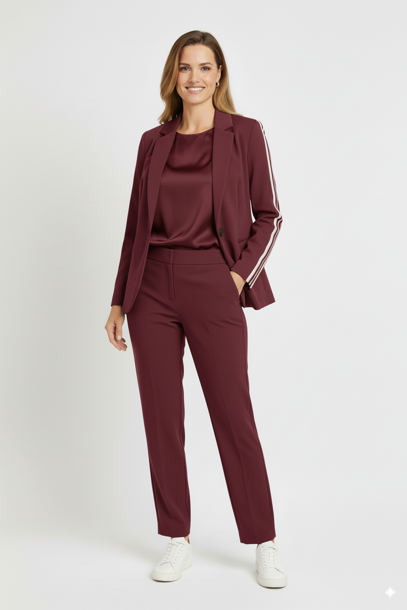 “Model draagt een Mi Piace bordeauxrode blazer met sportieve strepen en knoopsluiting.”

“Elegante bordeauxrode Mi Piace damesblazer met witte strepen op de mouwen.”

“Stijlvolle Mi Piace blazer in bordeauxrood met sportieve accenten.”

“Zakelijke en casual look: Mi Piace bordeauxrode blazer met contrasterende strepen.”

“Mi Piace fashion item: bordeauxrode blazer met reverskraag en sportieve details.”