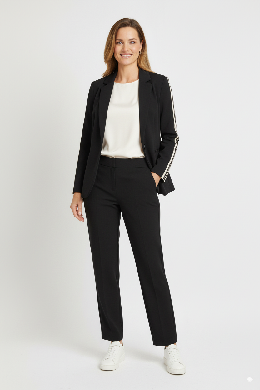 “Model draagt een Mi Piace zwarte blazer met sportieve strepen en knoopsluiting.”

“Elegante zwarte Mi Piace damesblazer met witte strepen op de mouwen.”

“Stijlvolle Mi Piace blazer in zwart – tijdloos en modern.”

“Zakelijke look met een twist: Mi Piace zwarte blazer met sportieve details.”

“Mi Piace fashion item: zwarte damesblazer met reverskraag en contrasterende strepen.”