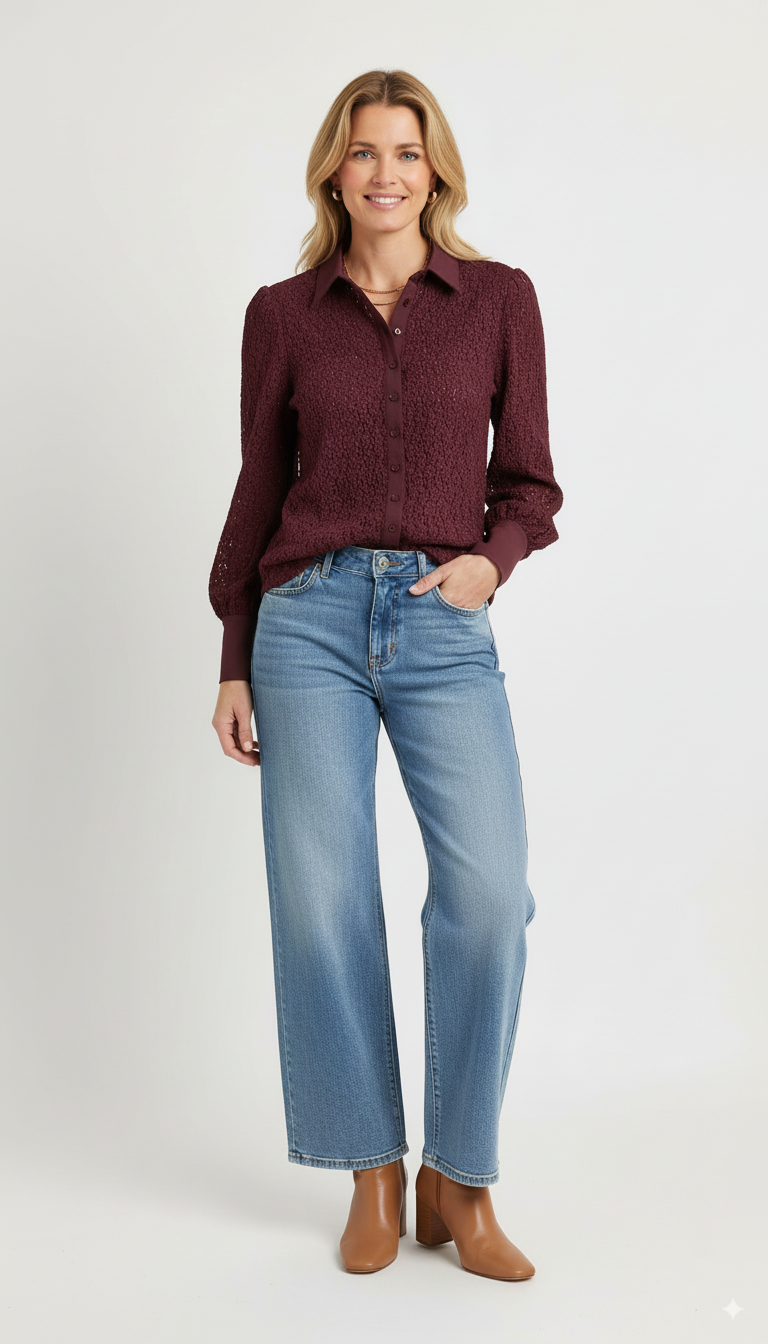 Model draagt een Mi Piace bordeauxrode damesblouse met lange mouwen en klassieke kraag.”

“Elegante Mi Piace blouse in bordeauxrood met knoopsluiting en subtiele structuur.”

“Stijlvolle rode Mi Piace damesblouse – lange mouwen, klassieke kraag en tijdloos design.”

“Fashion item van Mi Piace: bordeauxrode blouse met elegante details en knoopsluiting.”

“Chique Mi Piace blouse in diep bordeauxrood, ideaal voor zowel casual als zakelijke outfits.”