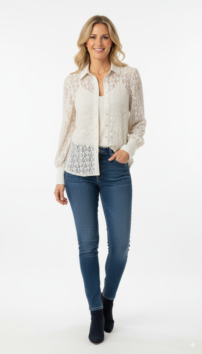 “Model draagt een Mi Piace witte kantblouse met lange mouwen, knoopsluiting en klassieke kraag.”

“Elegante Mi Piace blouse in wit kant met subtiele transparantie, perfect voor damesmode.”

“Stijlvolle witte Mi Piace damesblouse met lange mouwen en luxe details van kant.”

“Fashion item van Mi Piace: witte doorschijnende blouse met knoopsluiting en kraag.”

“Chique Mi Piace blouse in wit kant, elegant en veelzijdig te combineren.”
