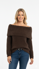 Donkerbruine Off-Shoulder Gebreide Trui Zachte & Luxe Damestrui