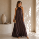 Satijnen Halter Maxi Jurk met Strikceintuur - Chocolade