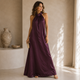 Satijnen Halter Maxi Jurk met Strikceintuur - Wijn