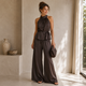 Satijnen Co-ord Set met Halter Top en Wide Leg Broek - Chocolade