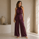 Satijnen Co-ord Set met Halter Top en Wide Leg Broek - Bordeaux
