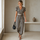 Gestreepte Wrap Jumpsuit met Vlindermouwen - Zwart-Beige