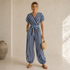Gestreepte Wrap Jumpsuit met Vlindermouwen - Lichtblauw-Bruin