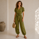 Gestreepte Wrap Jumpsuit met Vlindermouwen - Limoengroen-Bruin