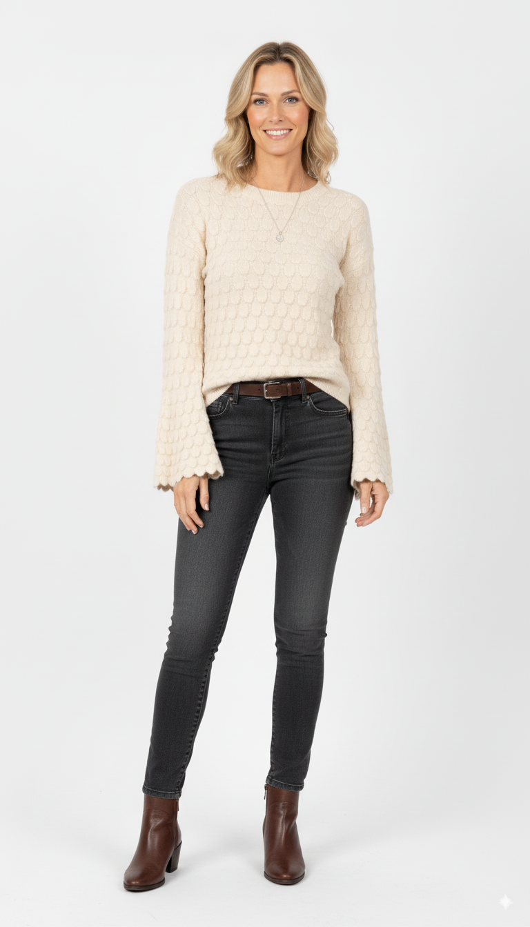 Beige damestrui met structuur en wijde mouwen

Gebreide trui dames beige – casual outfit met zwarte jeans

Stijlvolle beige trui dames – wijde mouwen en ronde hals