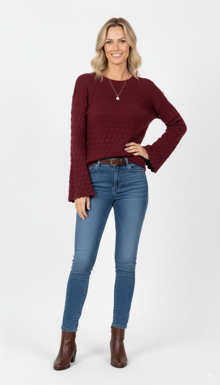 Bordeauxrode damestrui met structuur en wijde mouwen

Gebreide trui dames bordeaux rood – casual outfit met jeans

Stijlvolle trui dames bordeaux – wijde mouwen en ronde hals