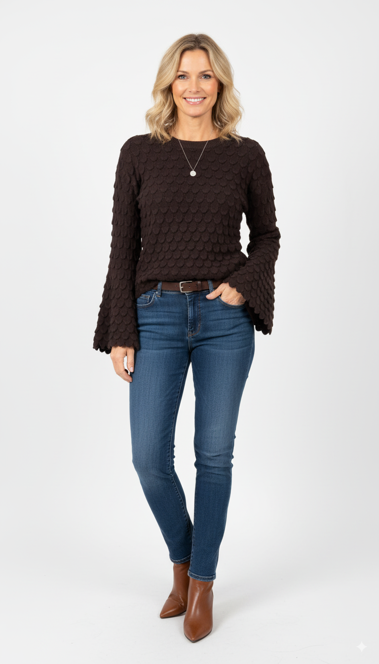 Donkerbruine damestrui met structuur en wijde mouwen

Gebreide trui dames donkerbruin – casual outfit met jeans

Stijlvolle donkerbruine trui dames – wijde mouwen en ronde hals
