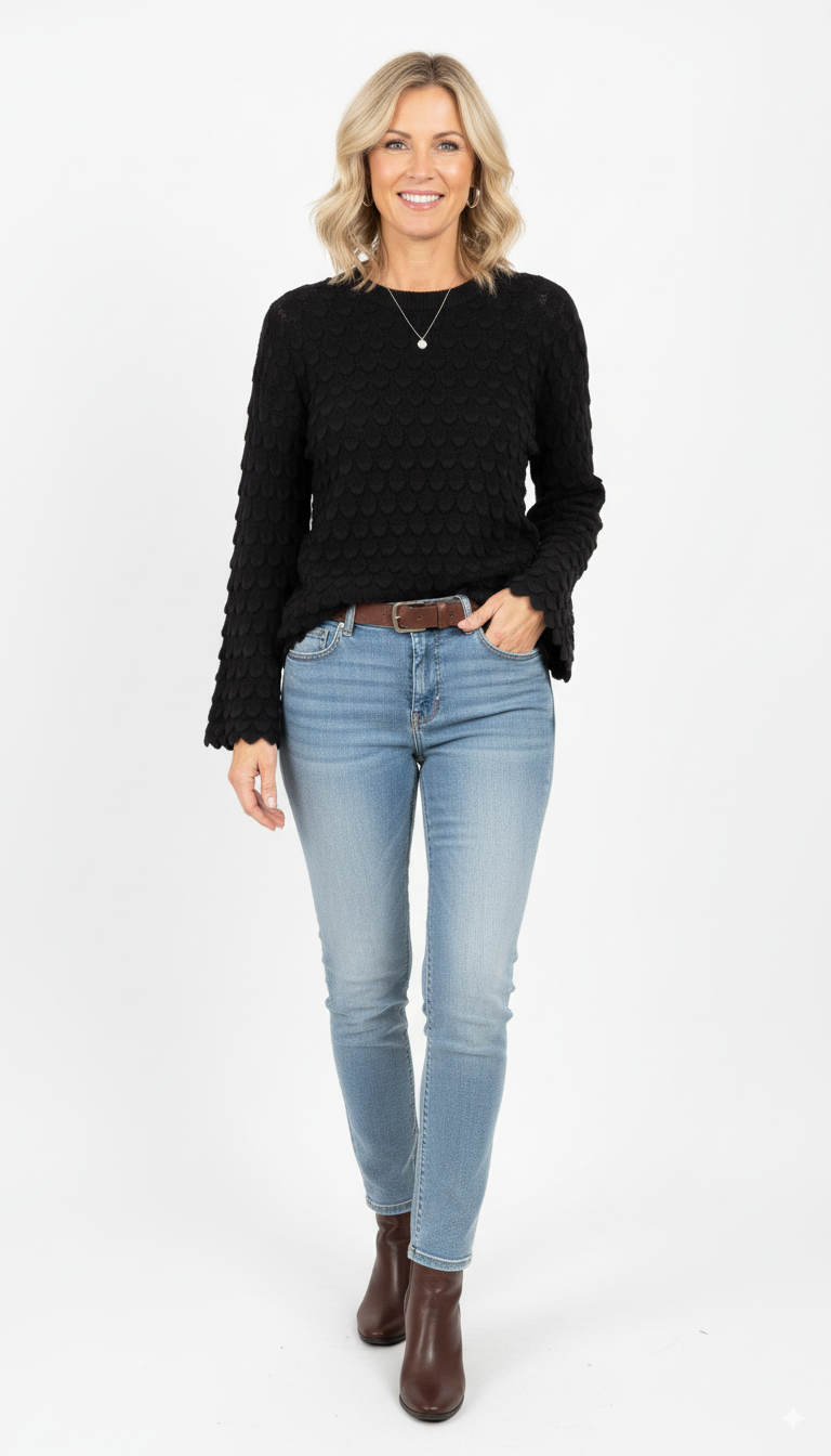 Zwarte damestrui met structuur en wijde mouwen

Gebreide trui dames zwart – casual outfit met jeans en laarsjes

Stijlvolle zwarte trui dames – wijde mouwen en ronde hals
