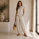Luchtige Travel Co-ord Set met Strik Manchetten - Beige