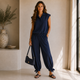 Luchtige Travel Co-ord Set met Strik Manchetten - Marineblauw