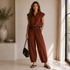 Luchtige Travel Co-ord Set met Inclusief Riem - Roestbruin