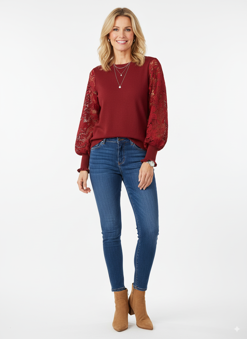 “Model draagt een bordeauxrode dames trui met lange kanten mouwen en ronde hals.”

“Elegante bordeaux trui met kanten details op de mouwen voor dames.”

“Bordeauxrode dames trui met kanten bloemmotief in de mouwen.”

“Stijlvolle trui in bordeaux met lange kanten mouwen, vrouwelijk en chic.”

“Trendy bordeauxrode trui met kant, ideaal voor casual en geklede outfits.”