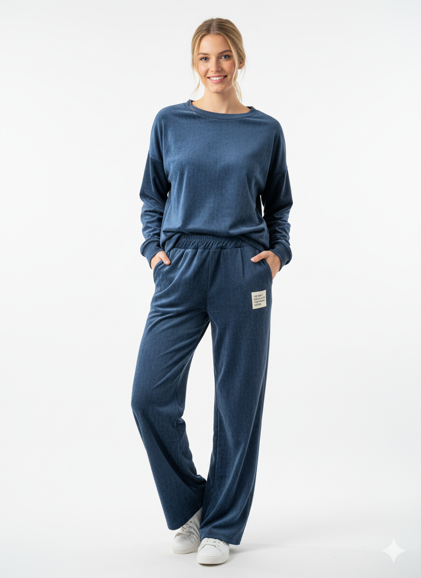 Model draagt een blauwe loungewear set met trui en broek.”

“Comfortabele dames loungewear set in blauw met elastische broek.”

“Trendy blauwe loungewear set – casual en stijlvol.”

“Blauwe dames set met trui en broek, ideaal voor thuis en casual looks.”

“Moderne blauwe loungewear outfit met comfortabele pasvorm.”