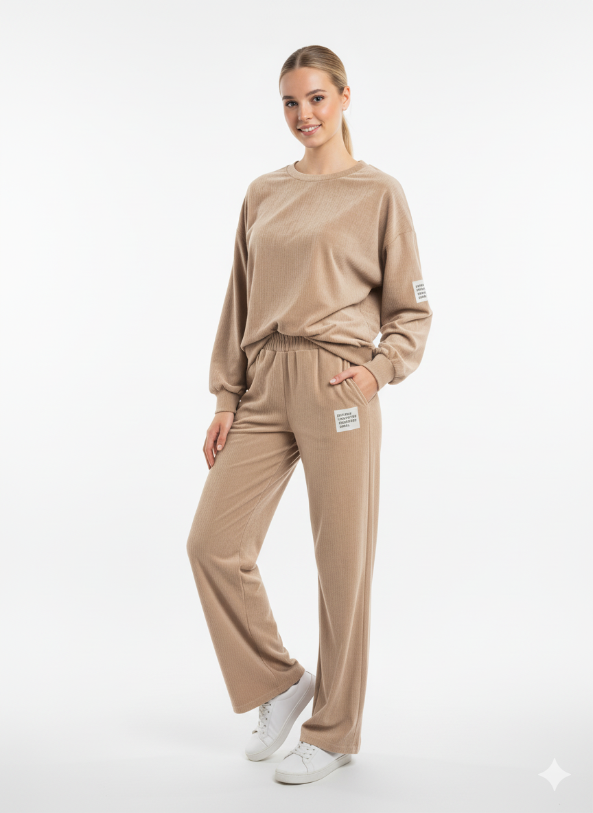 Model draagt een beige loungewear set met trui en broek.”

“Comfortabele dames loungewear set in beige met elastische broek.”

“Stijlvolle beige loungewear voor dames – ideaal voor casual looks.”

“Trendy dames set: beige trui en broek met relaxte pasvorm.”

“Beige loungewear set – comfortabele outfit voor thuis en casual momenten.”