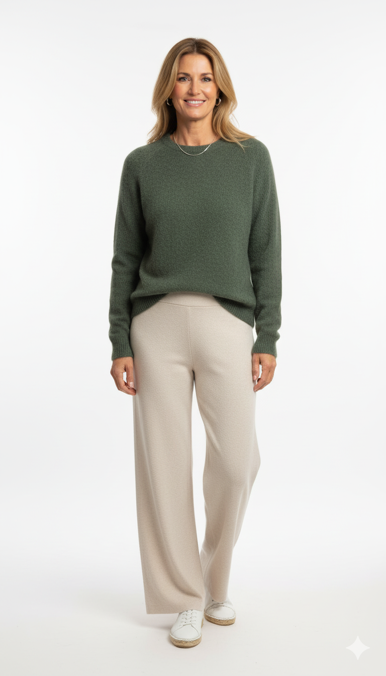 Mosgroene fijngebreide damestrui met ronde hals.