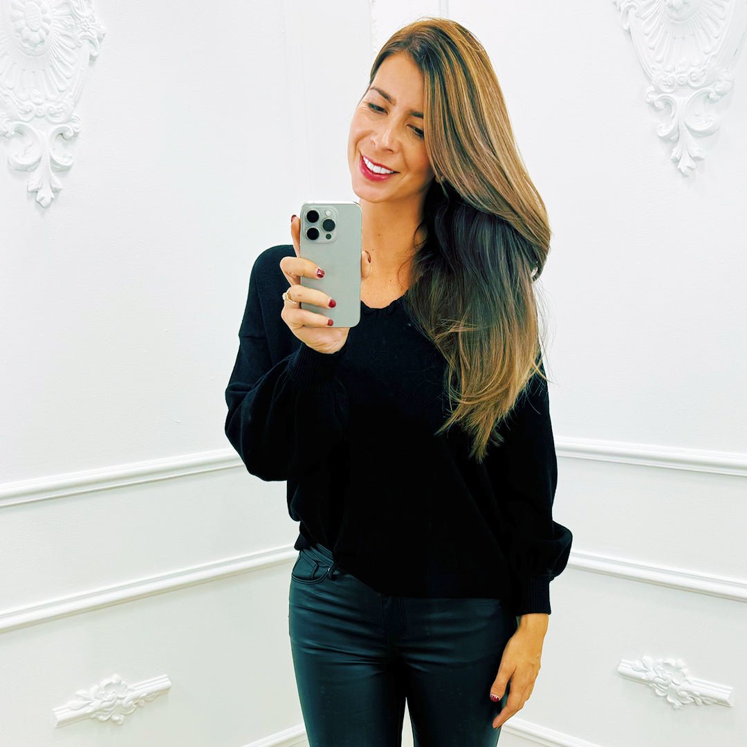 Ballonmouw Top Zwart - BlushFashionstore
