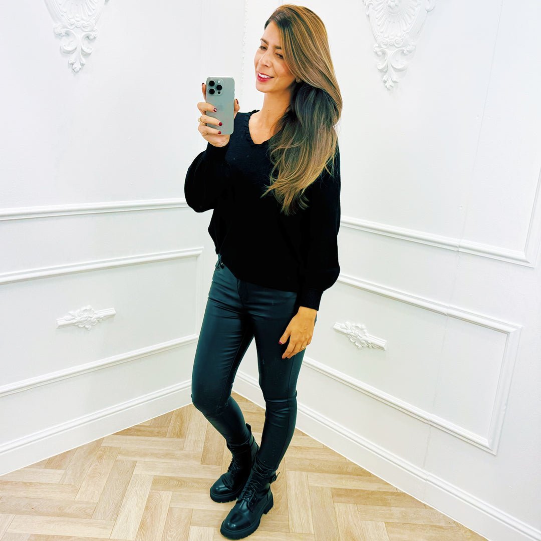 Ballonmouw Top Zwart - BlushFashionstore