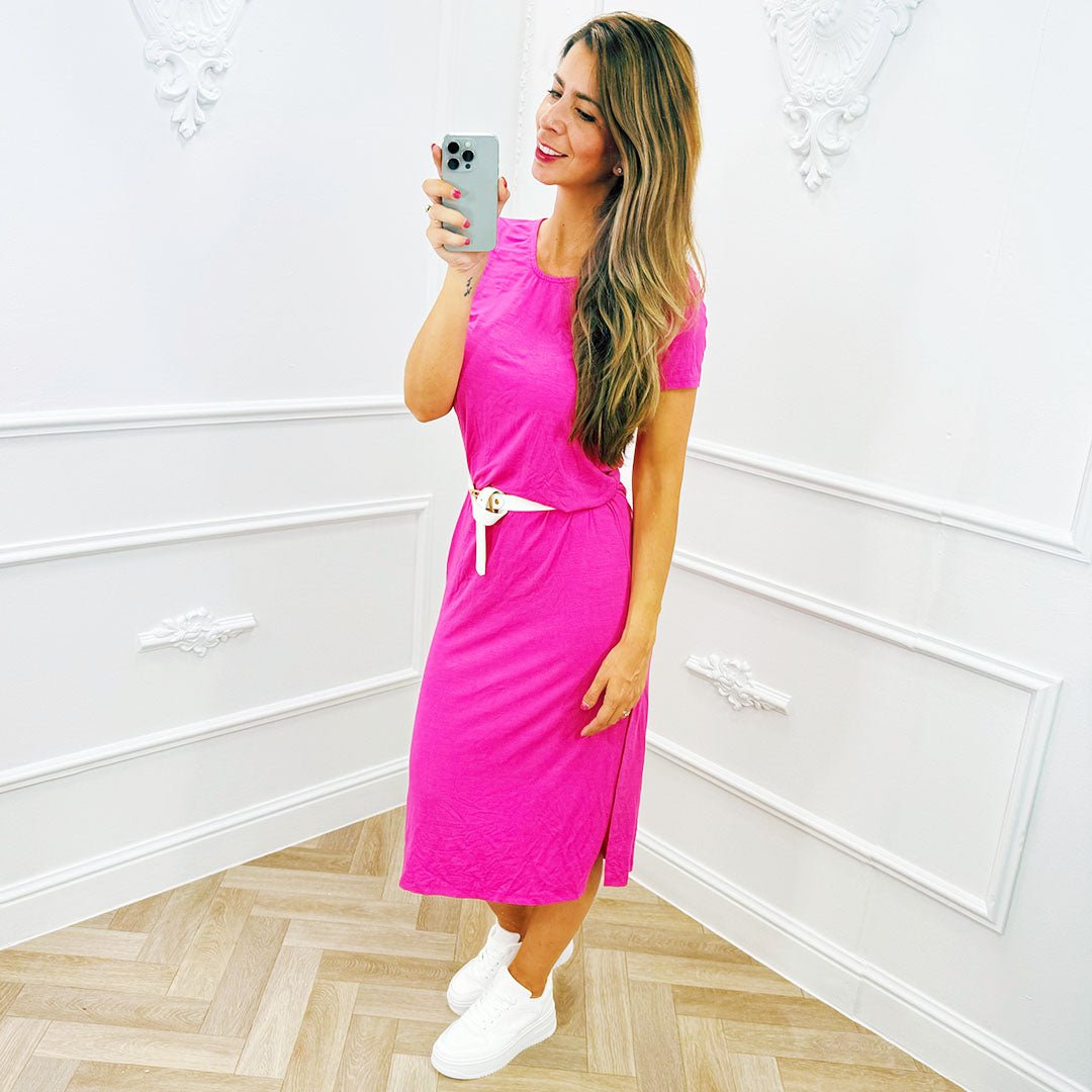 Basic Jurk Lang Split Fuchsia - BlushFashionstore