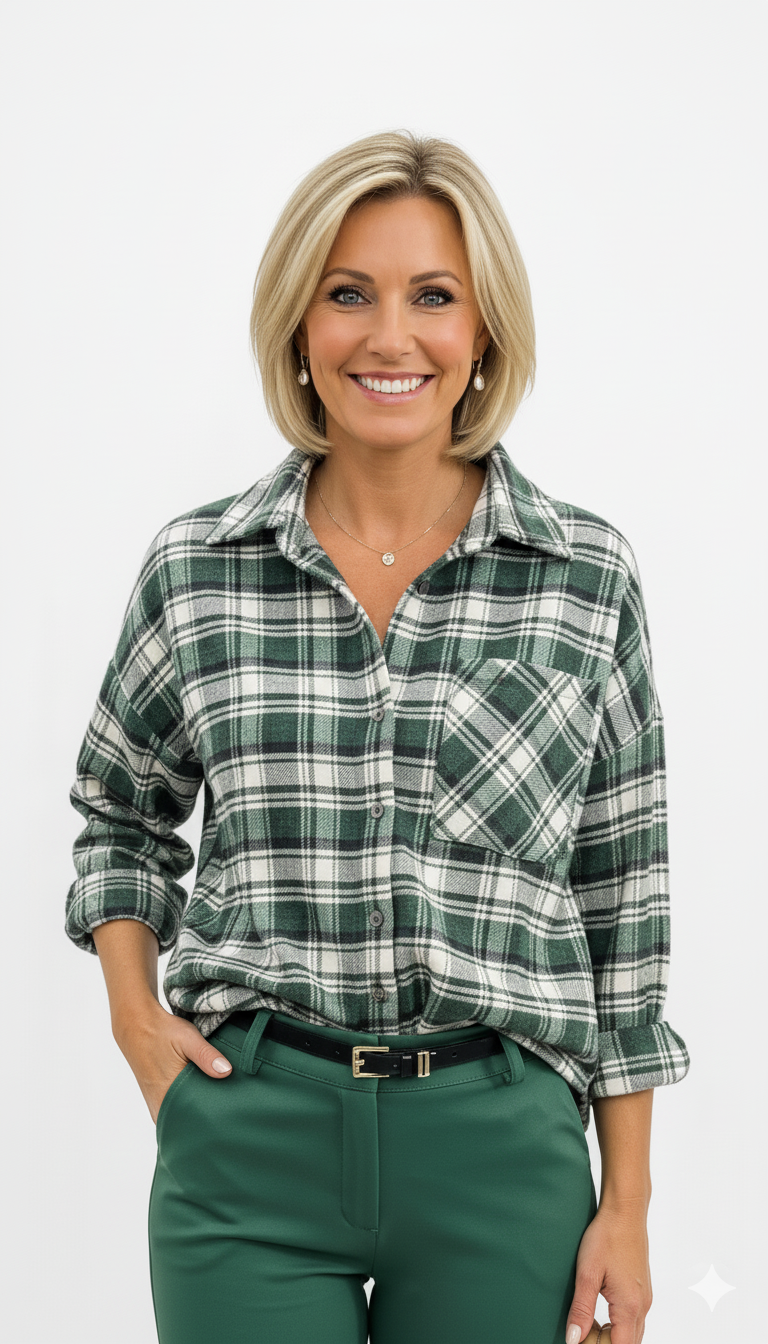 Groene geruite flanellen blouse voor dames met borstzak