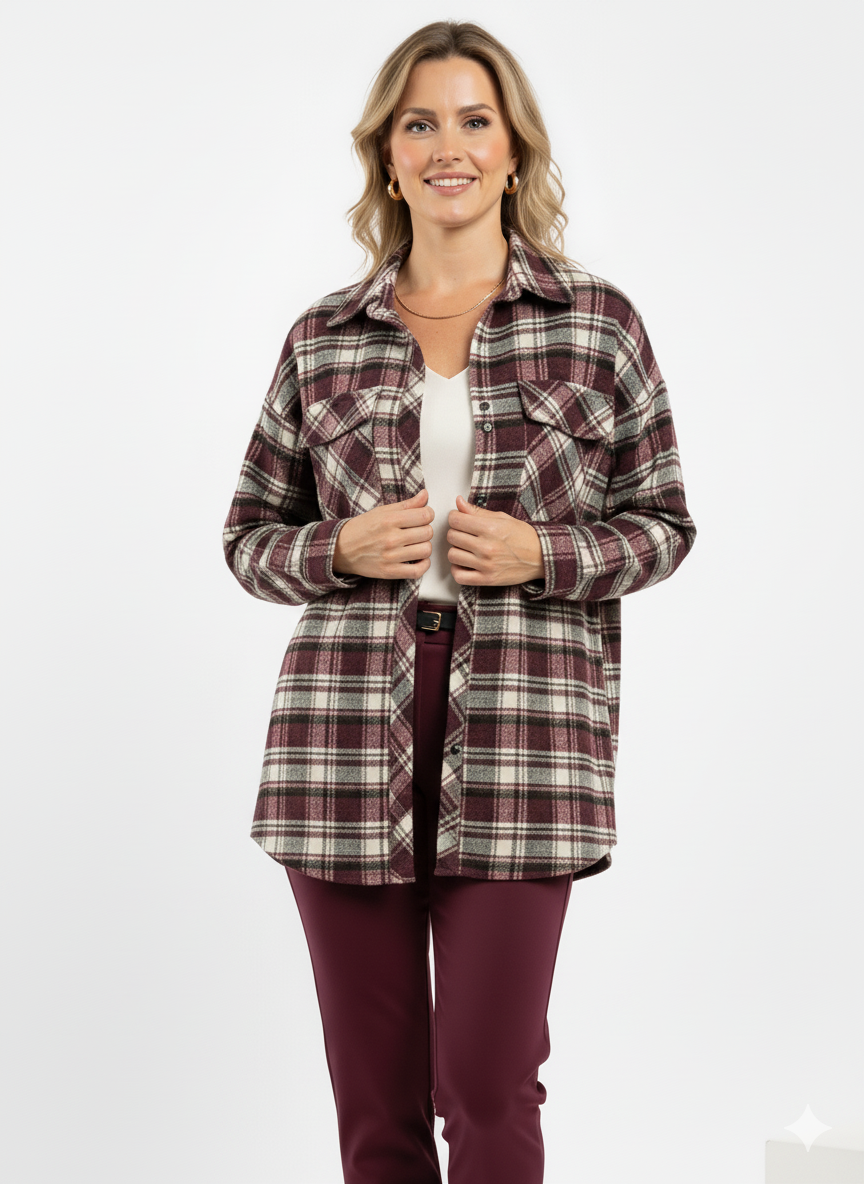 Bordeaux geruite shacket voor dames met borstzakken