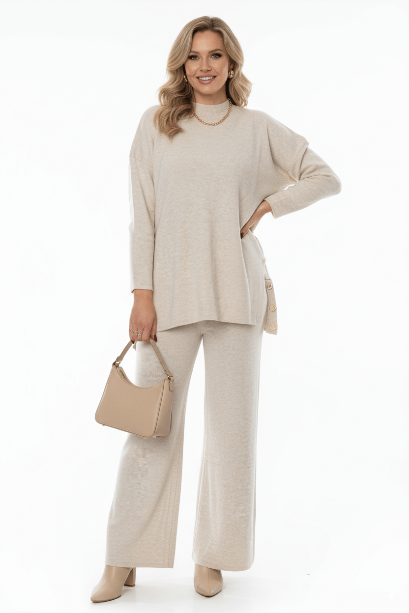 Beige 2 - Delige Dames Set – Lange Trui & Wijde Broek - BlushFashionstore