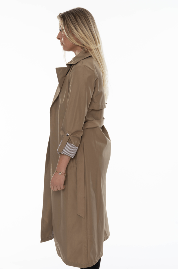 Beige dames trenchcoat – Lange jas met opgerolde mouwen - BlushFashionstore