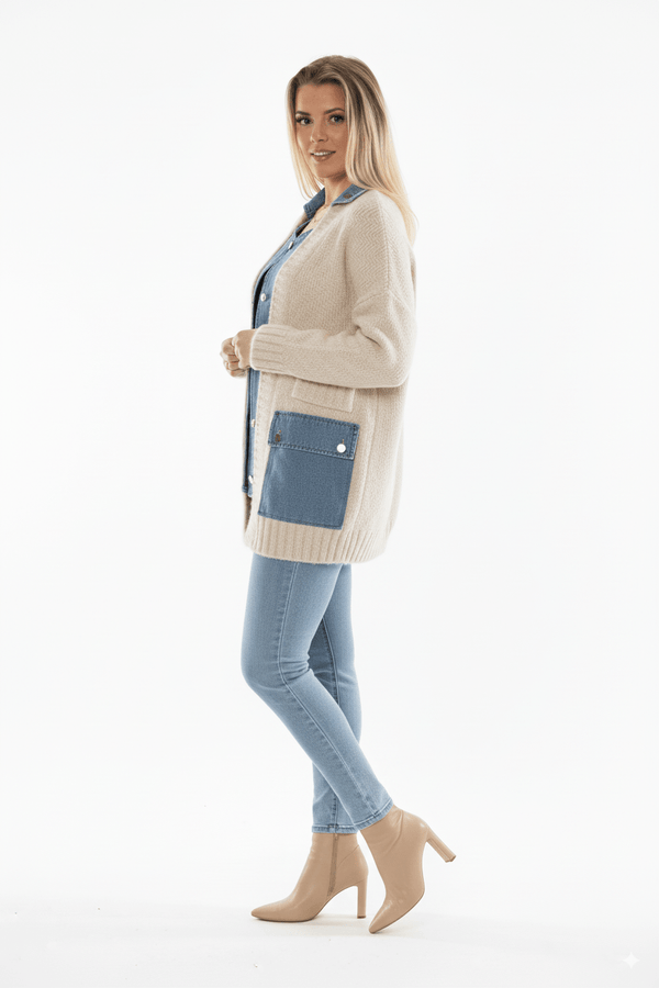 
                    
                      Beige Dames Vest met Denim Zakdetails Knit Cardigan - BlushFashionstore
                    
                  