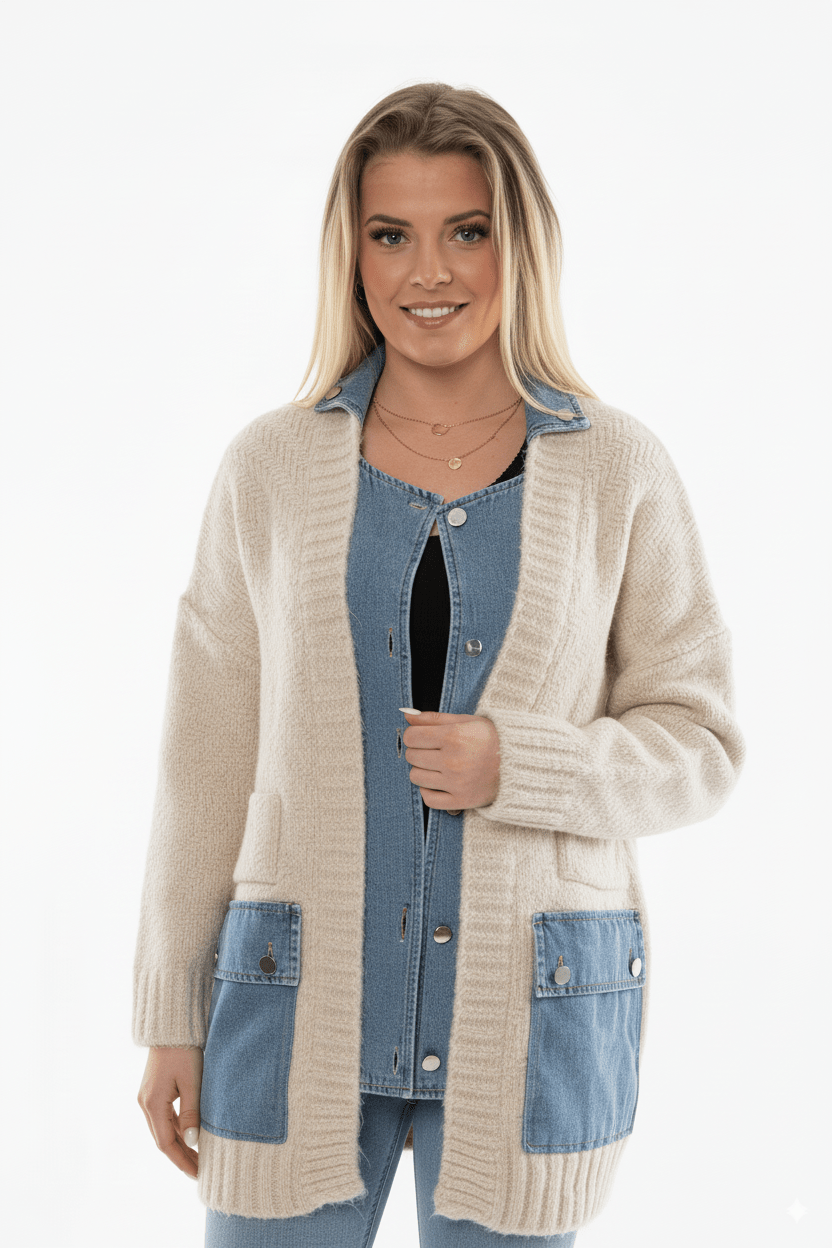 Beige Dames Vest met Denim Zakdetails Knit Cardigan - BlushFashionstore