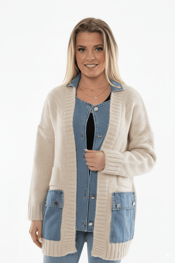 Beige Dames Vest met Denim Zakdetails Knit Cardigan - BlushFashionstore