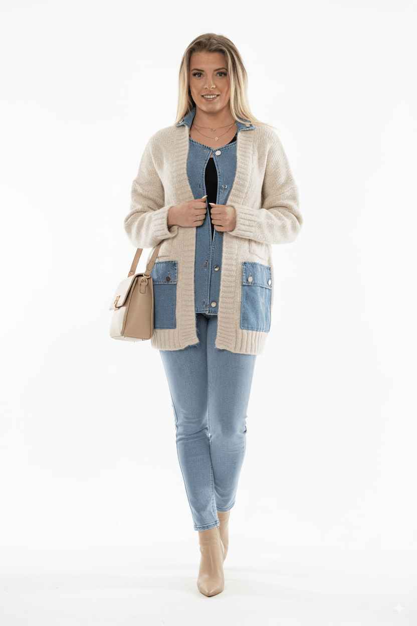 Beige Dames Vest met Denim Zakdetails Knit Cardigan - BlushFashionstore