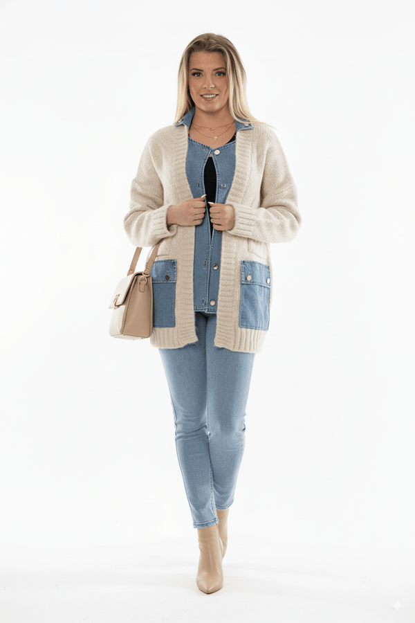 Beige Dames Vest met Denim Zakdetails Knit Cardigan - BlushFashionstore