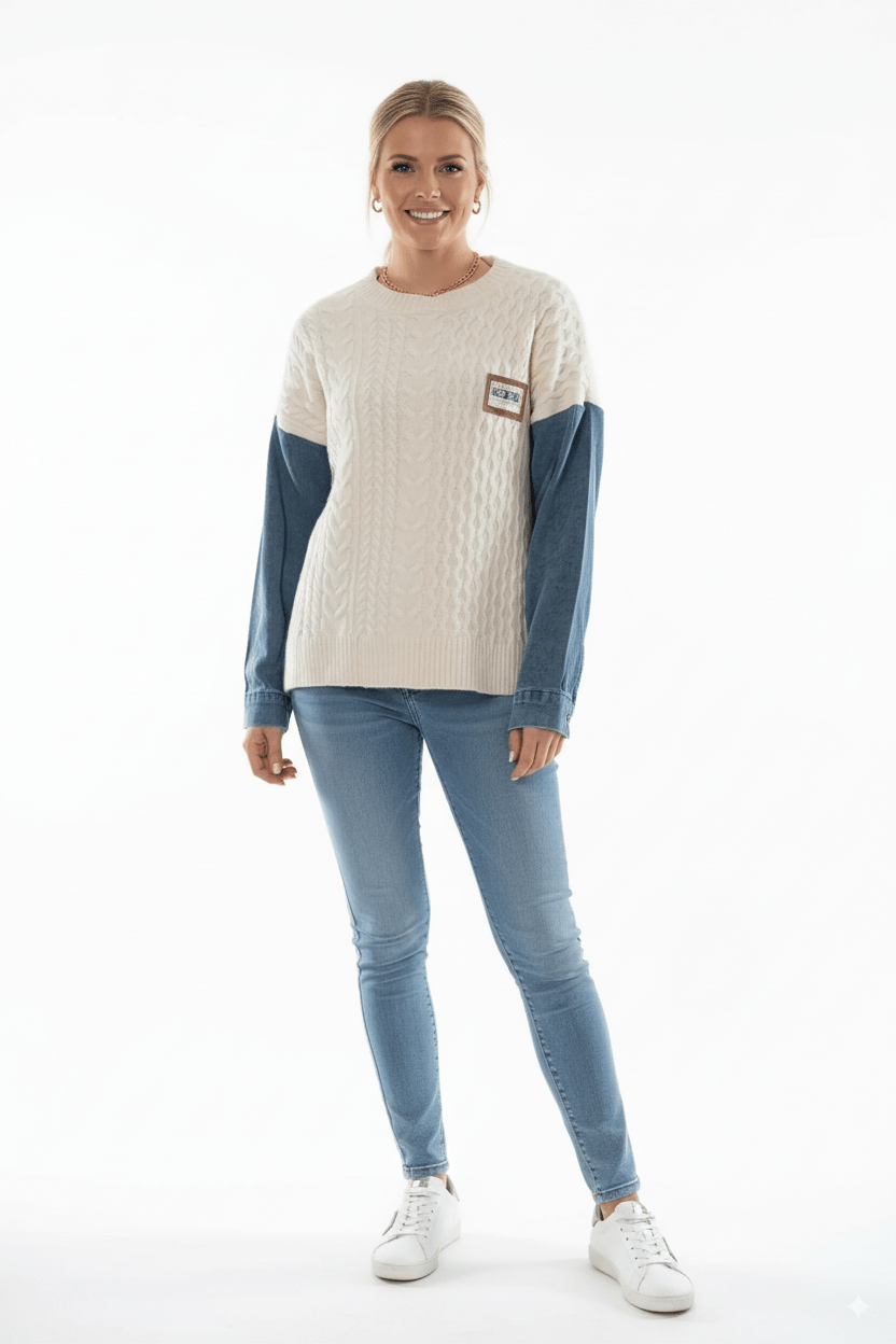 Beige Kabel Knit Trui met Denim Mouwen – Casual Chic - BlushFashionstore
