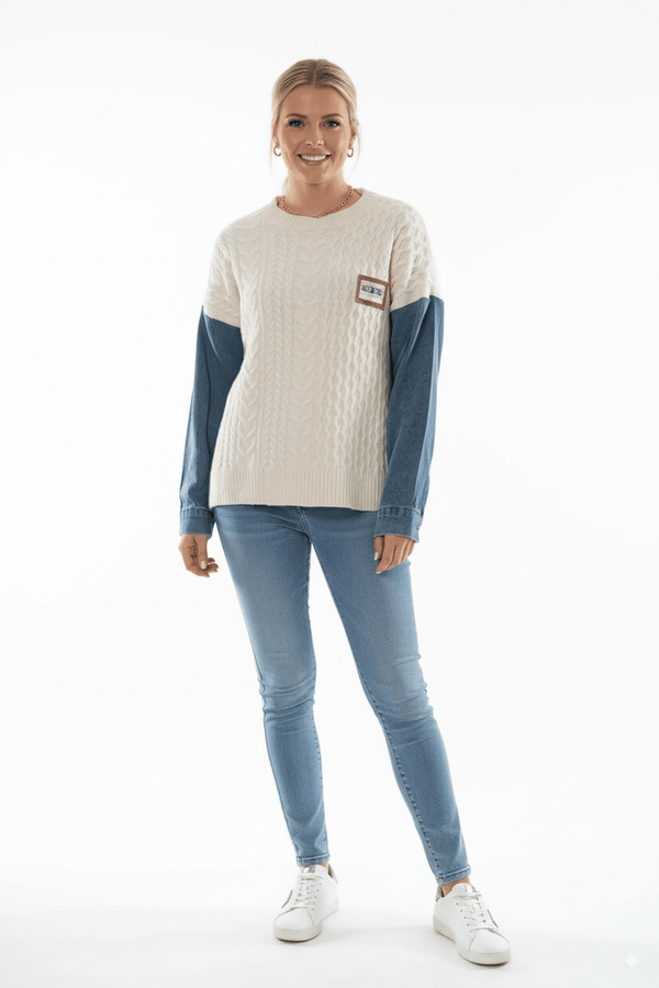 Beige Kabel Knit Trui met Denim Mouwen – Casual Chic - BlushFashionstore