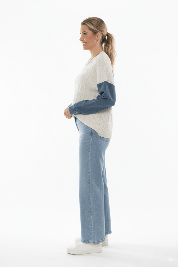 Beige Kabel Knit Trui met Denim Mouwen & Halsdetail - BlushFashionstore