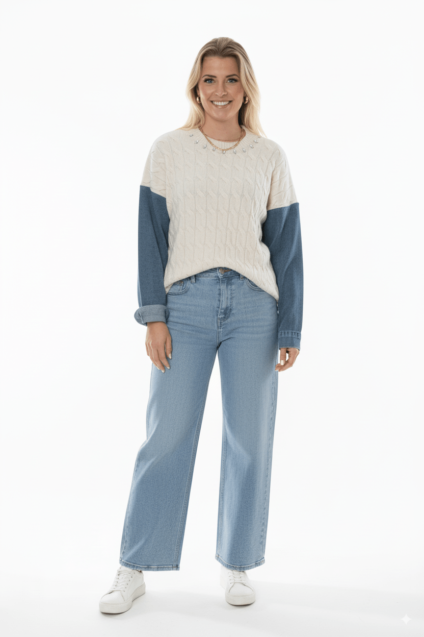 Beige Kabel Knit Trui met Denim Mouwen & Halsdetail - BlushFashionstore