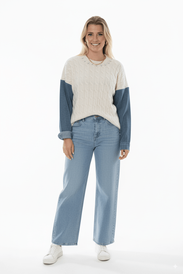 Beige Kabel Knit Trui met Denim Mouwen & Halsdetail - BlushFashionstore