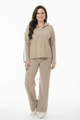 Beige Knit Co - ord Set met Witte Strepen & Half - Zip - BlushFashionstore