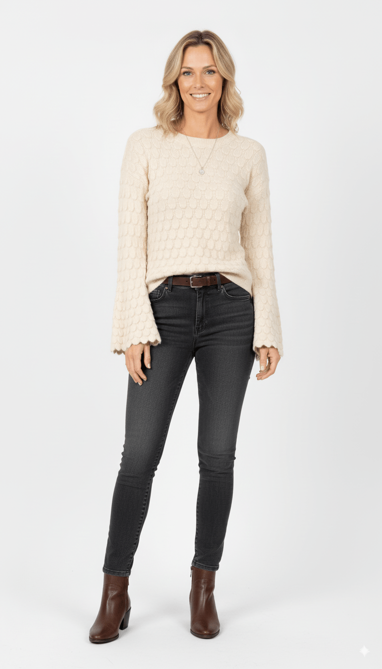 Beige Trui Dames – Gebreide Trui met Structuur en Wijde Mouwen - BlushFashionstore