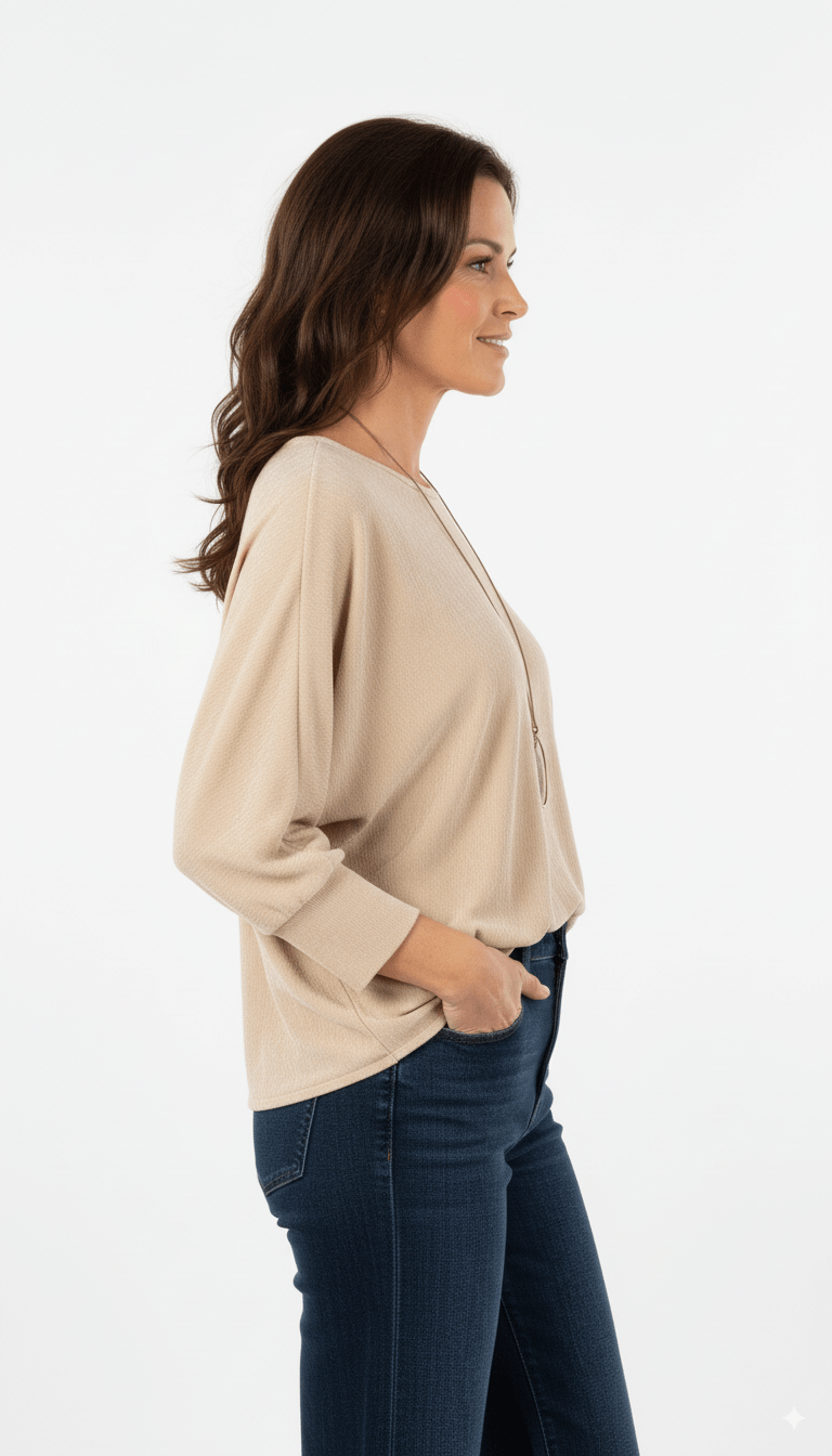 Beige Trui Dames – Losvallende Gebreide Trui met Ronde Hals - BlushFashionstore