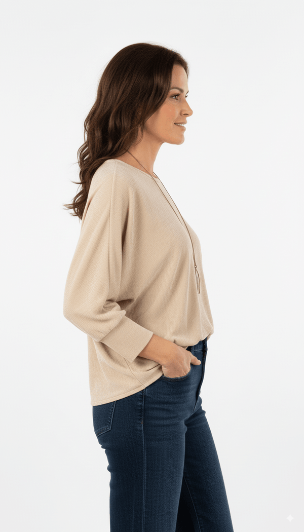 Beige Trui Dames – Losvallende Gebreide Trui met Ronde Hals - BlushFashionstore